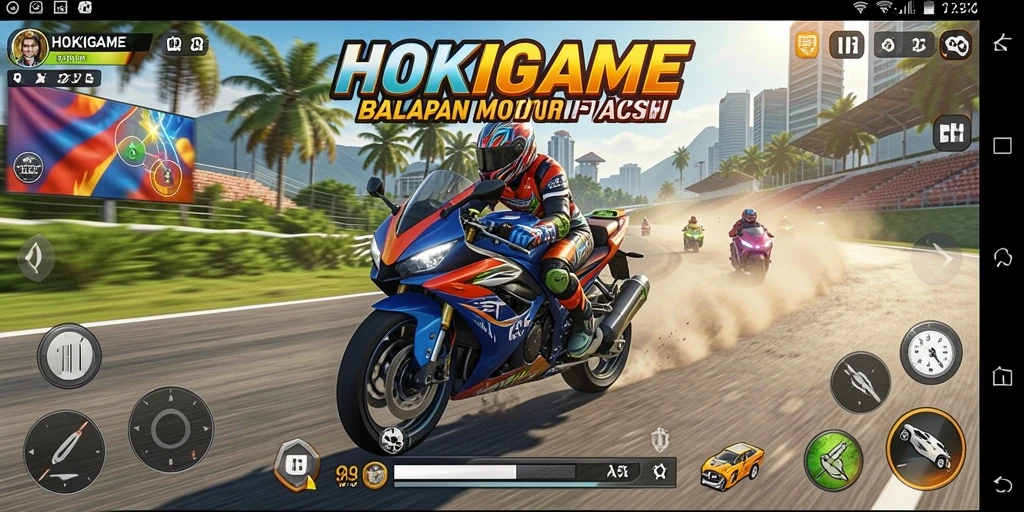 Gameplay HOKIGAME menampilkan aksi balapan motor yang mendebarkan.