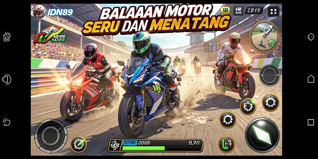 Screenshot gameplay IDN89 menampilkan aksi balapan motor yang intens.