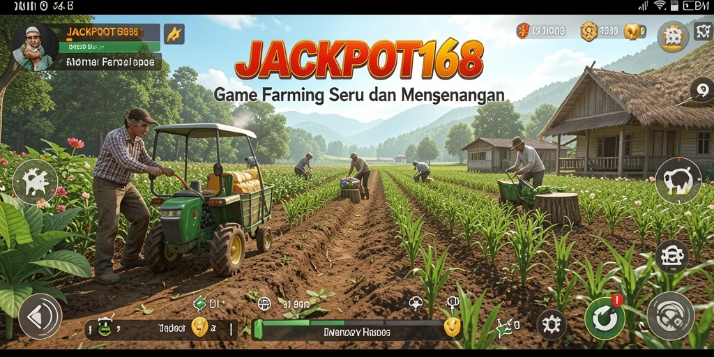 Screenshot gameplay JACKPOT168 menunjukkan petani yang sedang merawat tanaman.