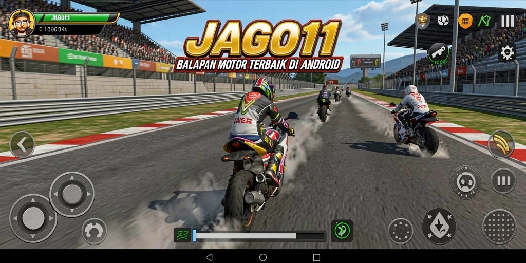 Screenshot utama JAGO11 menampilkan aksi balapan motor yang mendebarkan.