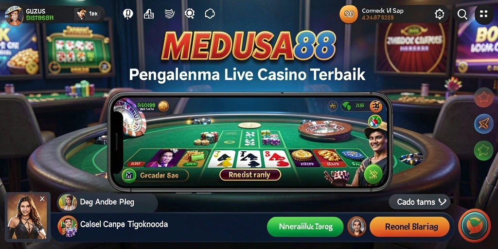 Screenshot utama MEDUSA88 menampilkan dealer yang sedang beraksi di permainan Live Casino.