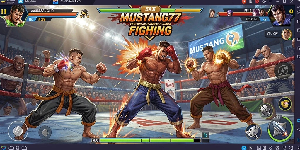 Tampilan utama dari <strong>MUSTANG77</strong> menunjukkan aksi pertarungan yang menegangkan.