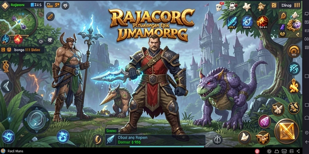 Tangkapan layar gameplay RAJACORC menampilkan petualangan seru di dunia fantastis.
