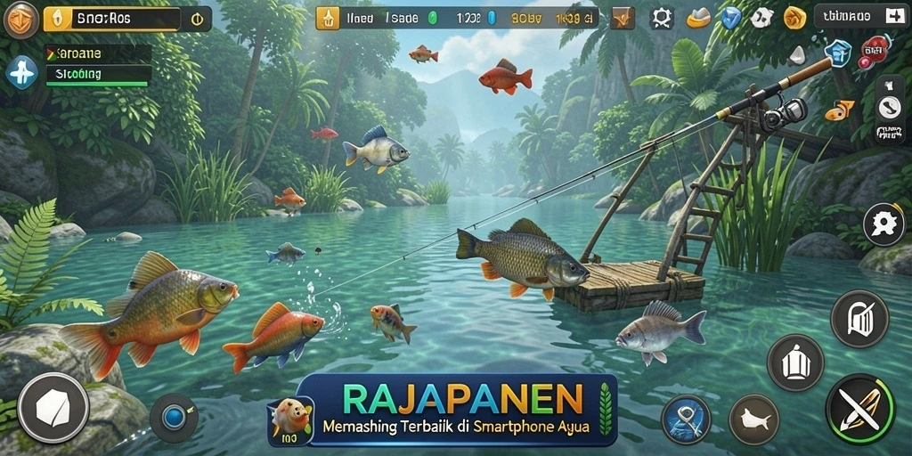 Screenshot gameplay RAJAPANEN menunjukkan momen menangkap ikan dengan antusias.