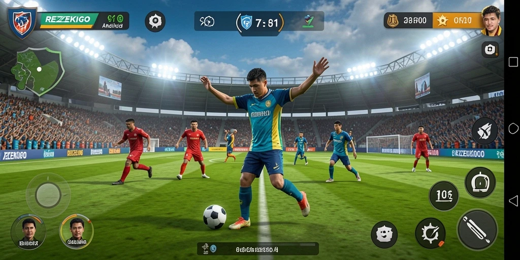 Tampilan utama gameplay REZEKIGO dengan aksi sepak bola seru.