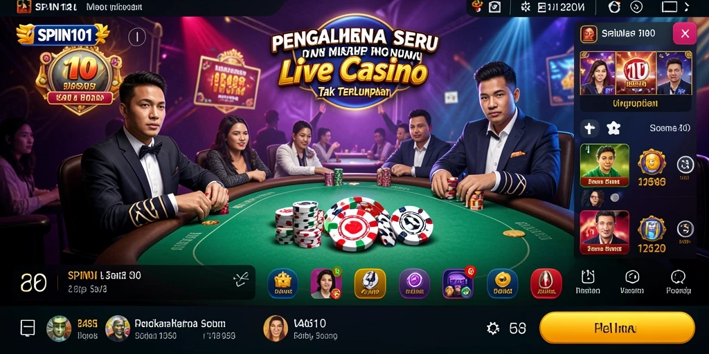 Tampilan gameplay SPIN101 yang memukau dengan dealer langsung dan suasana kasino.